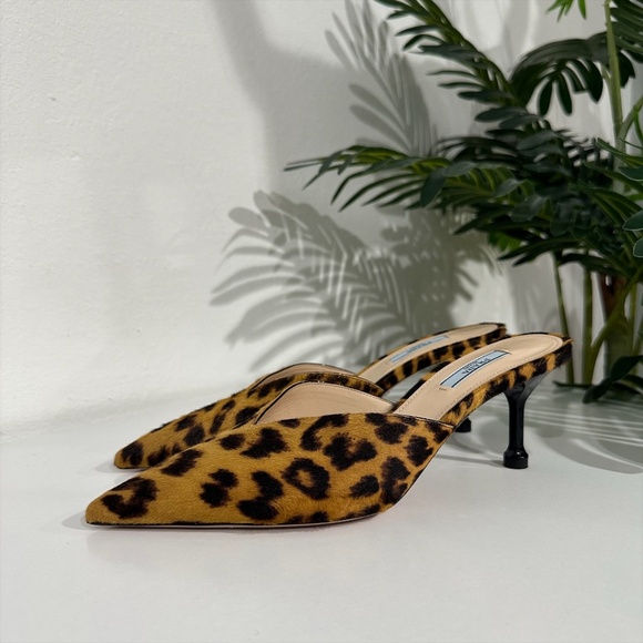 Prada Leopard Pony Hair Pointed Toe Mules Size 39 - Picture 1 of 11